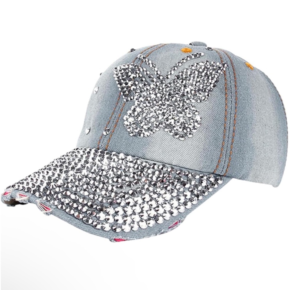 Embellished Ball Cap Distressed‎ Light Denim Silver Stud Butterfly Baseball Hat